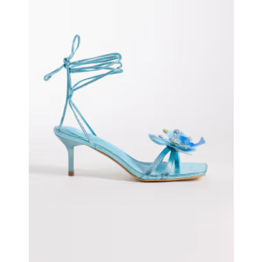 Kaiia exclusive 00s strappy lace up diamante orchid floral heeled sandals in aqu - Picture 1 of 2